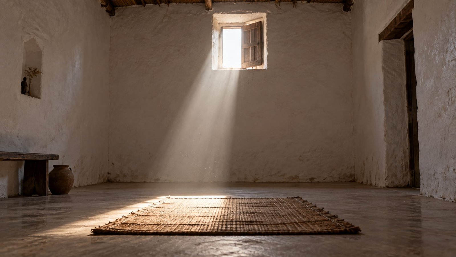 Quarto quase vazio com uma esteira no chão e luz entrando por uma janela alta