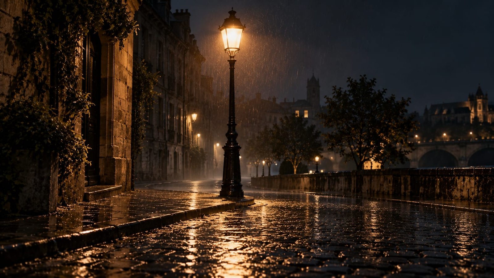 Rua de cidade à noite, sob chuva fina, iluminada por um único poste de luz, sem ninguém