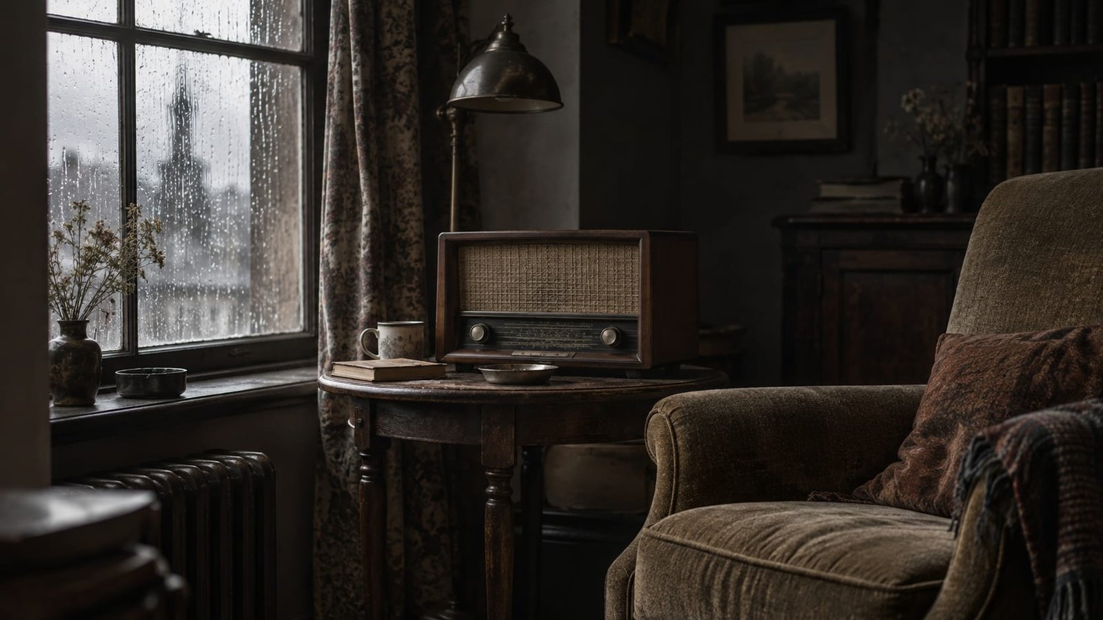 Rádio antigo sobre uma mesa junto a uma janela com chuva, ao lado de uma cadeira vazia