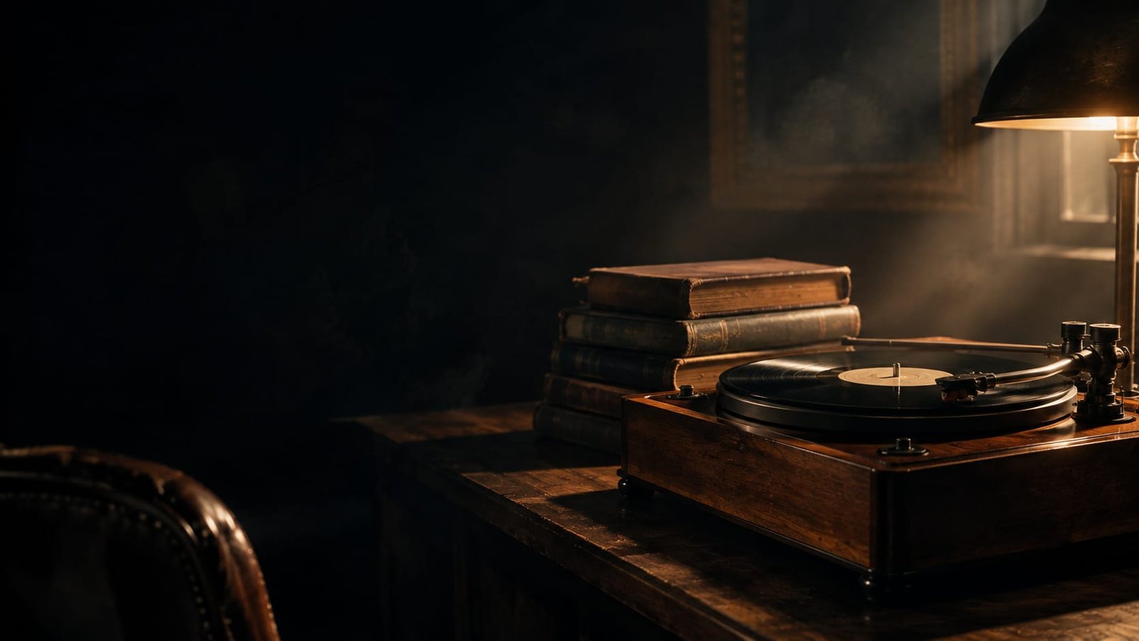 Toca-discos antigo com um disco girando ao lado de livros empilhados, em uma sala escura com luz quente lateral