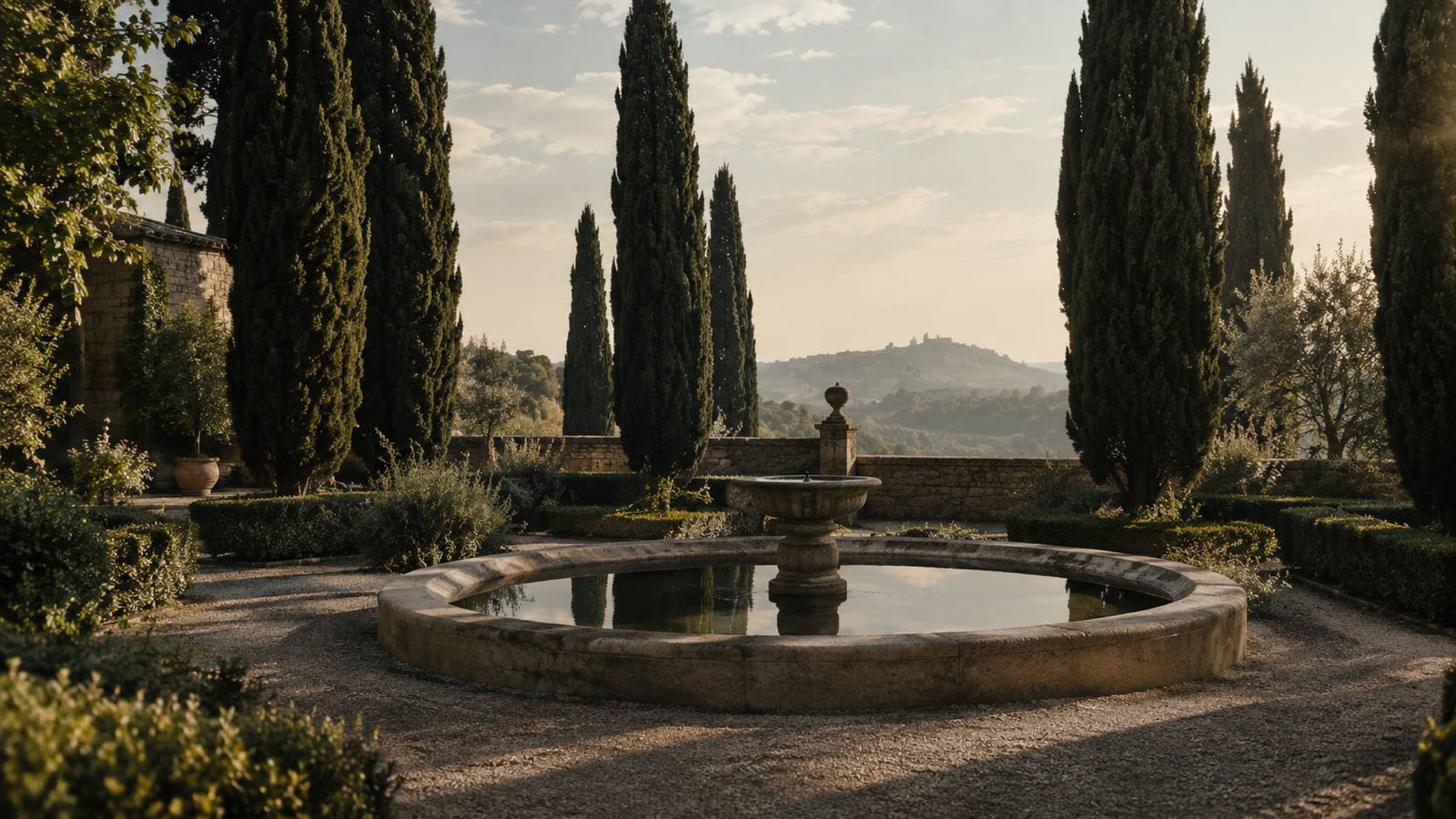 Jardim murado e sereno com uma fonte de pedra e sombra de ciprestes
