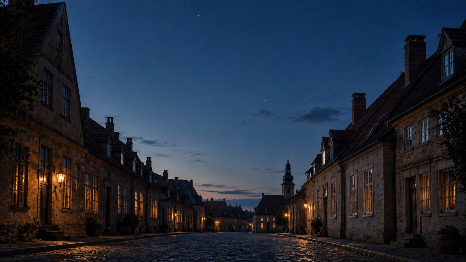 Rua de paralelepípedos de uma cidade do século XVIII ao entardecer, com as primeiras estrelas sobre os telhados