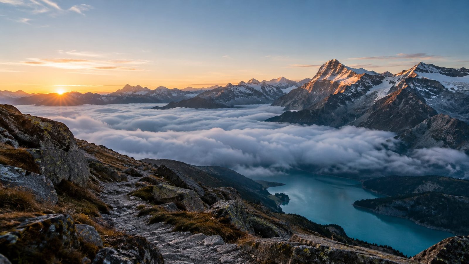 Trilha de montanha nos Alpes ao nascer do sol, acima das nuvens, com um lago glacial ao fundo