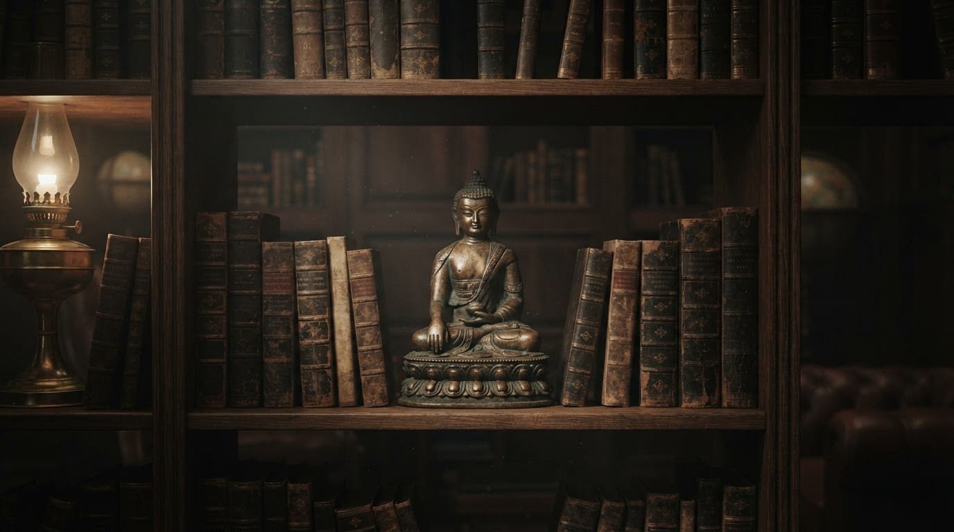 Pequena estátua de bronze de um Buda em meditação sobre uma estante de livros antigos, na penumbra