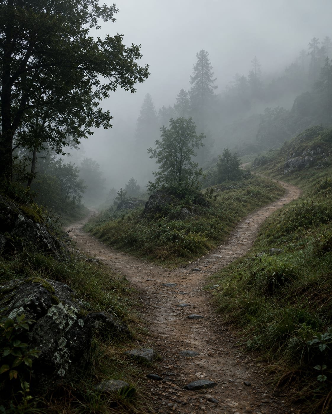 Caminho solitário que se bifurca em uma floresta enevoada, sob luz difusa